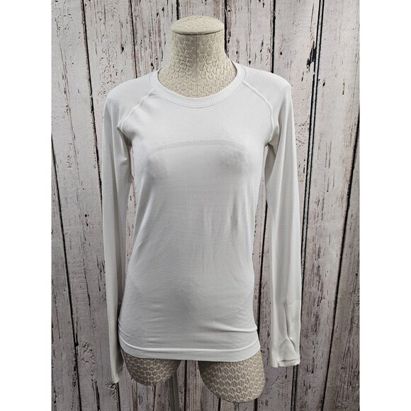 ALK Women's 6 Lululemon White & Silver Long Sleeve Shirt Tee T-Shirt Thumbholes - Picture 2 of 9